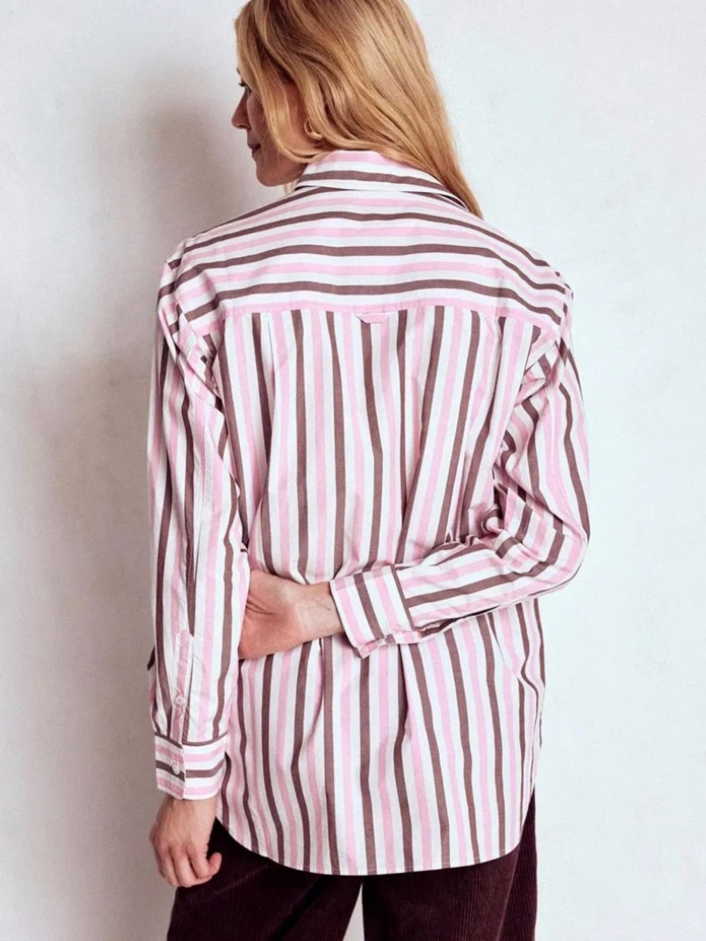 Boden Sadie Realxed Pink, Brown & White Vertical Stripe Button-Down Stripe Shirt